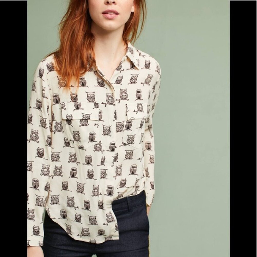 Anthro Porridge Owl Print Button Front Blouse Cream Black Novelty Whimsical XS